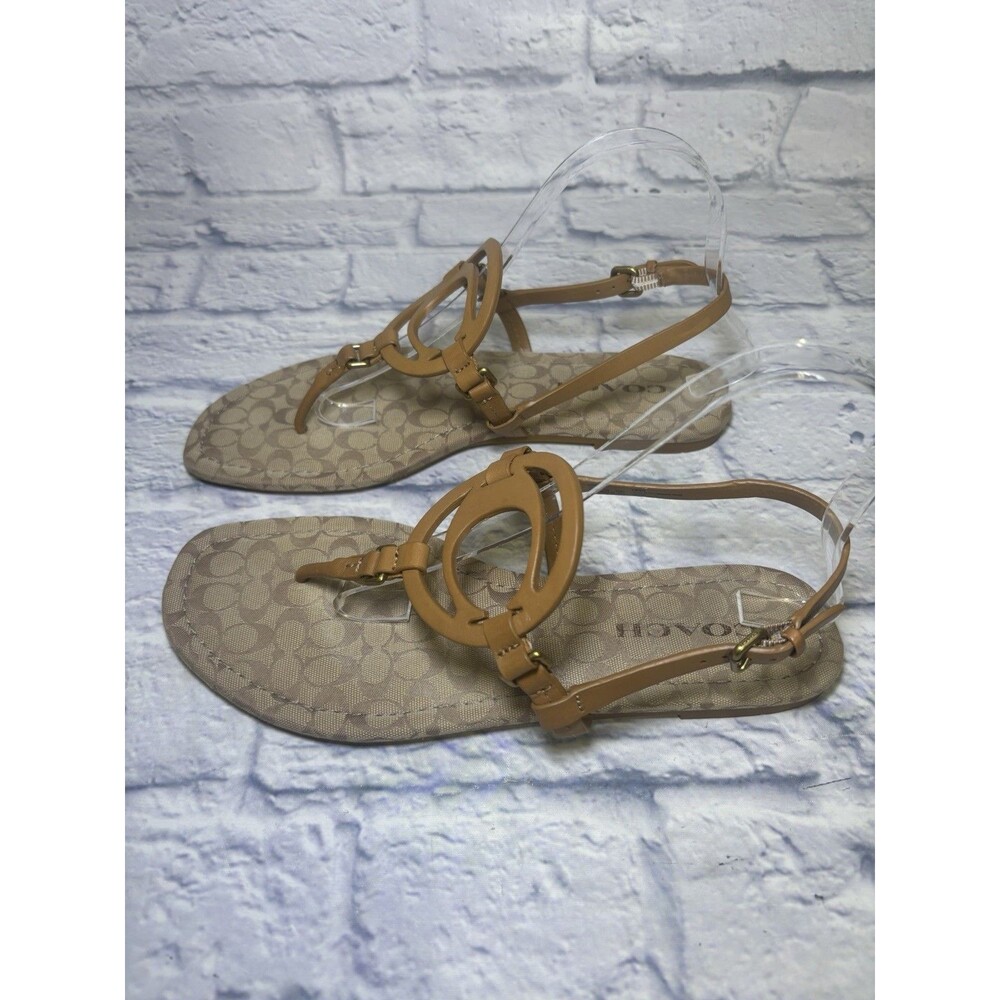 Coach Jeri Logo Genuine Leather Sandals Flats Thong Strappy Tan Sz 9 Eur 39.5 - Picture 9 of 9